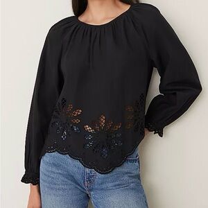 NWT Ann Taylor Black Eyelet Hem Long-Sleeve Blouse with Cuffed Sleeves size Sm